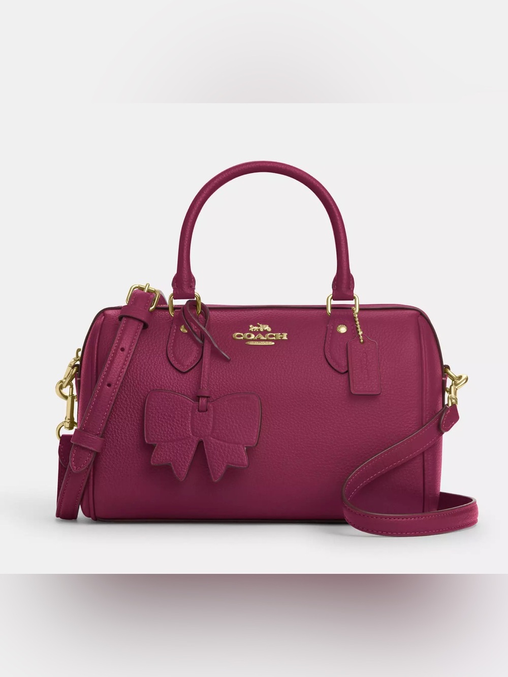 NWT Coach Pink Pebbled Leather Rowan Satchel Crossbody with Bow Charm CY653